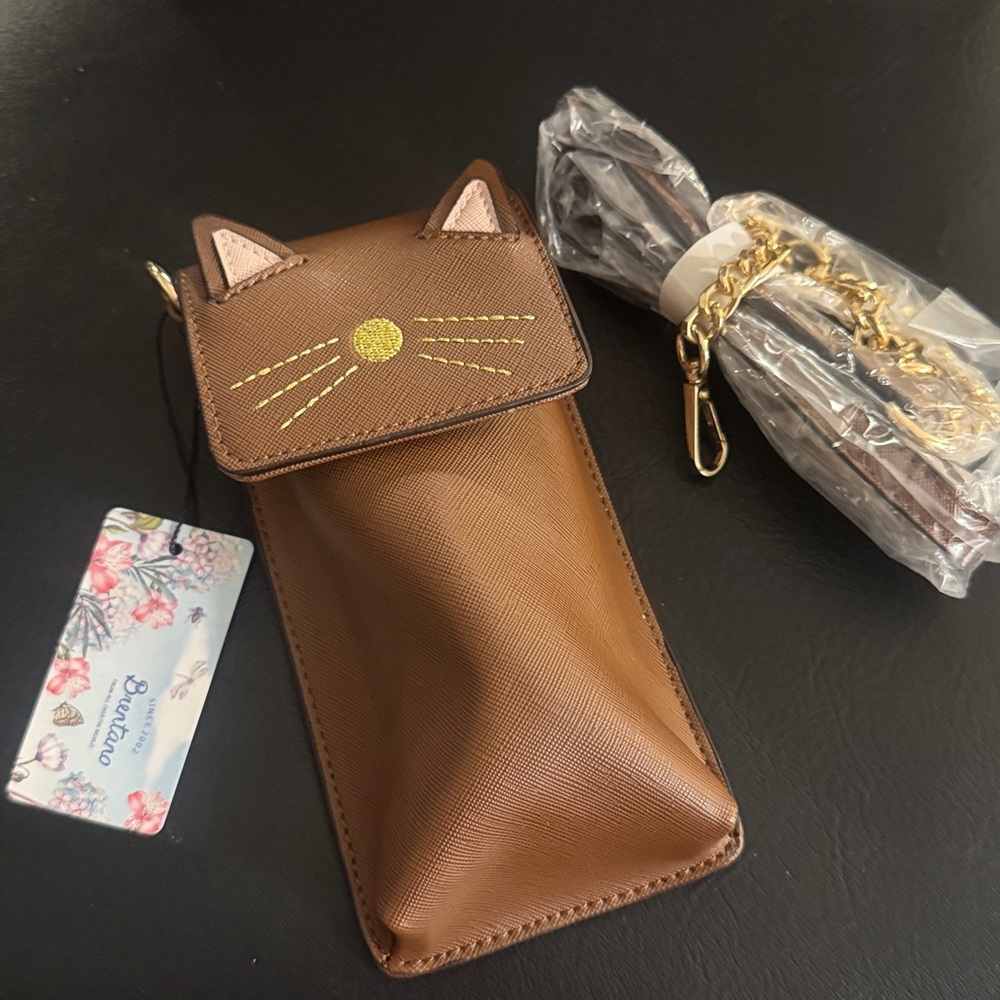 🐱 Brentano Brown Cat Crossbody Bag Detachable Strap Magnetic Gold Hardware